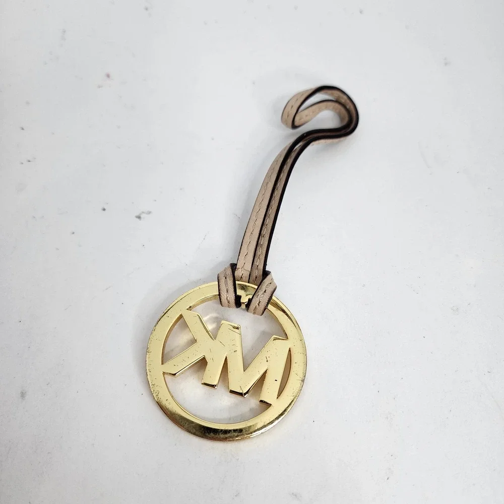 Michael Kors Bag Charm Womens OS Gold Tan Leather MK Logo Medallion Keychain
